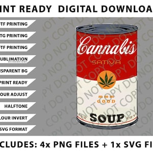 Könnte beinhalten: Ein digitaler Download-Grafik mit einer Dose "Cannabis Sativa" Suppe, im Stil einer berühmten Suppendose. Die Dose ist rot und weiß mit einem Cannabisblatt-Logo. Enthält PNG- und SVG-Dateien.