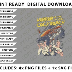 Könnte beinhalten: Digitaler Download Grafikdesign mit dem Text "HORROR OF THE FLYING COCKROACH" und einer Illustration eines großen Insekts und zwei verängstigter Personen. Enthält 4 PNG-Dateien und 1 SVG-Datei.