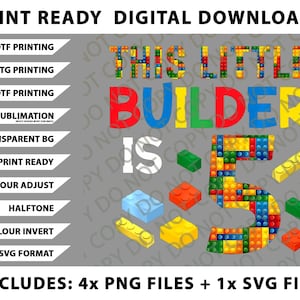 Könnte beinhalten: Digitaler Download-Grafik mit dem Text "THIS LITTLE BUILDER IS 5" in bunten Blockbuchstaben und einer Zahl 5 aus Blöcken. Enthält 4 PNG-Dateien und 1 SVG-Datei. Perfekt für DTF-, DTG-, UVDTF-Druck und Sublimation.