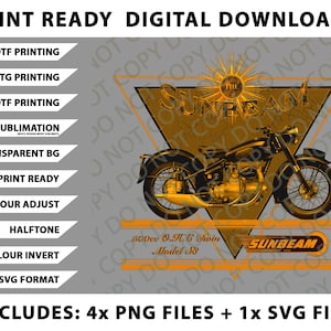 Puede incluir: Gráfico de descarga digital con un diseño de motocicleta vintage. La imagen incluye el texto "PRINT READY DIGITAL DOWNLOADS" y "SUNBEAM". La motocicleta es dorada y negra.