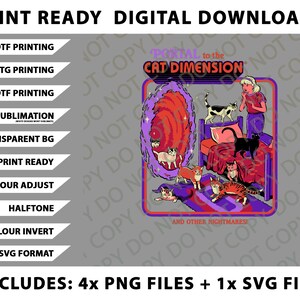 Puede incluir: Gráfico de descarga digital con el texto "Portal to the Cat Dimension" con una mujer y gatos. El diseño está disponible en formatos PNG y SVG para impresión.