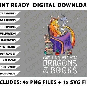 Könnte beinhalten: Digitaler Download-Grafik mit einem Cartoon-Drachen, der ein Buch liest und Kaffee trinkt. Der Drache ist orange und gelb, sitzt in einem lila Stuhl. Der Text lautet: "Just a girl who loves dragons & books."