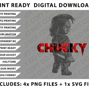 Könnte beinhalten: Digitaler Download-Grafik mit einem Graustufenbild von Chucky und dem Wort "CHUCKY" in Rot. Enthält PNG- und SVG-Dateien für DTF-, DTG-, UVDTF-Druck und Sublimation.