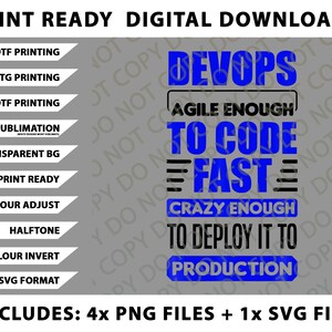 May include: A digital download graphic with the text "DevOps: Agile Enough to Code Fast, Crazy Enough to Deploy it to Production" in blue and black. Includes 4 PNG files and 1 SVG file. Print ready.