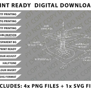 Könnte beinhalten: Digitaler Download-Grafik mit einer weißen Strichzeichnung eines Wurmlochs im Weltraum, beschriftet mit Begriffen wie "Unser Universum" und "Hyperraum". Enthält Optionen für DTF-, DTG- und UVDTF-Druck sowie transparente BG-, druckfertige und SVG-Formate.
