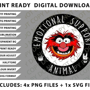 Könnte beinhalten: Digitaler Download-Grafik mit der Figur Animal aus den Muppets, mit dem Text "EMOTIONAL SUPPORT ANIMAL". Enthält PNG- und SVG-Dateien für verschiedene Druckverfahren. Das Design ist in Rot, Schwarz, Weiß und Orange gehalten.