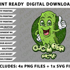 Könnte beinhalten: Digitaler Download-Grafik mit einer Cartoon-Gurkenfigur, die einen Daumen hoch zeigt. Das Bild enthält den Text "Cucumber Pickle" und verschiedene druckfertige Optionen. Die Datei enthält 4 PNG-Dateien und 1 SVG-Datei.