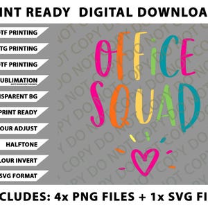 Puede incluir: Gráfico de descarga digital con las palabras "Office Squad" en letras brillantes y coloridas. El diseño incluye un corazón rosa y es adecuado para impresión DTF, DTG, UVDTF y sublimación. Incluye 4 archivos PNG y 1 archivo SVG.