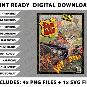 Può includere: Download digitale con Sam & Max in un'auto, con la scritta "Hit the Road". L'immagine include un avviso per i genitori e varie opzioni di design come la stampa DTF e il formato SVG. Include 4 file PNG e 1 file SVG.