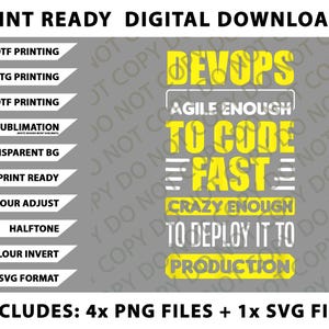 Könnte beinhalten: Digitaler Download-Grafik mit dem Text "DevOps: Agile Enough to Code Fast, Crazy Enough to Deploy it to Production" in Gelb und Weiß auf grauem Hintergrund. Enthält PNG- und SVG-Dateien.