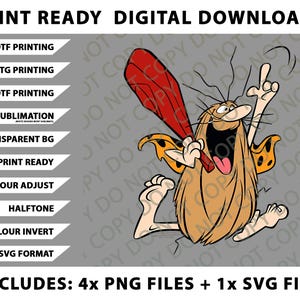 May include: Digital download featuring a cartoon caveman with a red club, screaming with excitement. Includes 4 PNG files and 1 SVG file. Text includes "Print Ready Digital Downloads" and various printing options.
