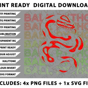 May include: Digital download graphic featuring a red ball python design. The image includes text indicating print-ready digital downloads, with options for DTF, DTG, and UVDTF printing, sublimation, and SVG format. Includes 4 PNG files and 1 SVG file.