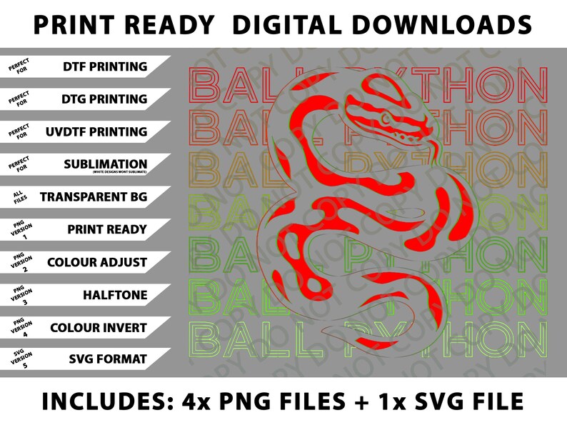 May include: Digital download graphic featuring a red ball python design. The image includes text indicating print-ready digital downloads, with options for DTF, DTG, and UVDTF printing, sublimation, and SVG format. Includes 4 PNG files and 1 SVG file.