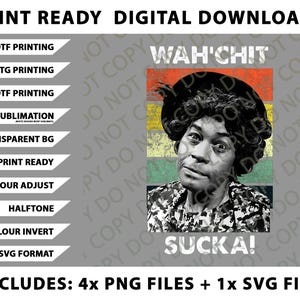Op de afbeelding: Digitale download grafiek met een zwart-wit afbeelding van een persoon met de tekst "WAH'CHIT SUCKA!". De afbeelding is geplaatst tegen een retro-stijl achtergrond met kleurrijke strepen. Inclusief 4 PNG-bestanden en 1 SVG-bestand.