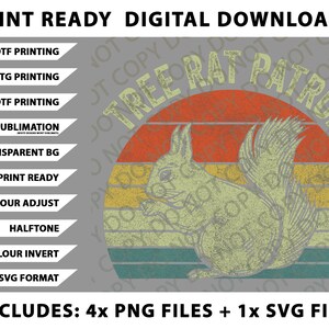 Könnte beinhalten: Digitaler Download-Grafik mit einer Eichhörnchen-Silhouette und dem Text "TREE RAT PATROL" im Retro-Stil. Das Design beinhaltet einen Sonnenuntergangshintergrund und den Text "PRINT READY DIGITAL DOWNLOADS". Enthält 4 PNG-Dateien und 1 SVG-Datei.