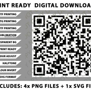 Könnte beinhalten: Grafik für druckfertige digitale Downloads mit einem QR-Code. Enthält Optionen für DTF-, DTG-, UVDTF-Druck, Sublimation und transparente Hintergründe. Das Bild enthält 4 PNG-Dateien und 1 SVG-Datei.