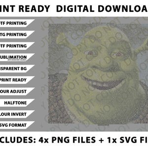 Könnte beinhalten: Digitaler Download mit einem grünen Shrek-Bild, das aus Text besteht. Enthält Optionen für DTF-, DTG- und UVDTF-Druck, Sublimation und transparente Hintergründe. Enthält 4 PNG-Dateien und 1 SVG-Datei.