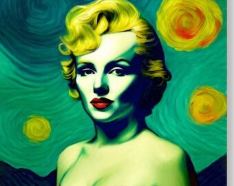 Marilyn Monroe in Green Van Gogh Inspired Art Print Pop Art Colorful Boho Decor Sci Fi Alien