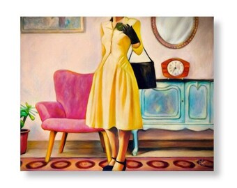 Vintage Retro Female Art Print Original Painting Bright Colorful Wall Art Interior Modern Retro Decor Wall Art, "The Yellow Dress"