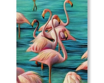 Pink Flamingo Decor Vintage Retro Art Print Original Painting Bright Colorful Wall Art Interior Modern Retro Decor Wall Art Tropical Decor