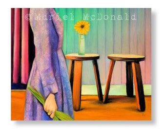 Original Painting Art Print Bright Colorful Wall Art Gift For Women Realist Painting Mid Century Modern Boho Room Decor "Two Stools"