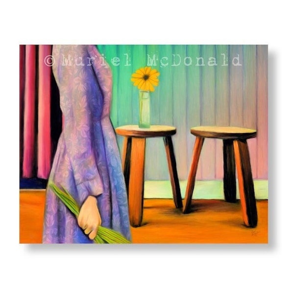 Original Painting Art Print Bright Colorful Wall Art Gift For Women Realist Painting Mid Century Modern Boho Room Decor "Two Stools"