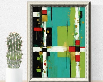 Arte mural moderno abstracto, DESCARGA DIGITAL geométrica colorida, Obra de arte original contemporánea, Arte imprimible, Turquesa, Verde, No. 209