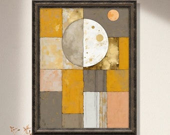 Impresión moderna abstracta de luna minimalista, arte de pared neutro, DESCARGA DIGITAL, arte imprimible, obra de arte original geométrica, amarillo, gris, No. 3