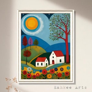Cozy Folk Art Print, Primitive Wall Art, Country Farmhouse Decor, DIGITAL DOWNLOADABLE Wall Art, Whimsical Vintage Painting