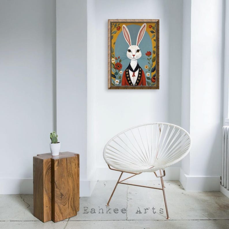 Folk Art Rabbit Painting Print, Colorful Wall Art, Whimsical Woodland ...