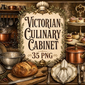 Puede incluir: Un gráfico digital con el texto "VICTORIAN CULINARY CABINET 35 PNG" rodeado por un borde decorativo. La imagen muestra una escena de cocina con utensilios de cobre, una hogaza de pan, un soporte para postres y vajilla ornamentada.
