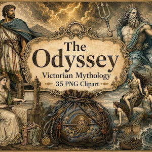 Könnte beinhalten: Eine digitale Grafik mit dem Text The Odyssey Victorian Mythology 35 PNG Clipart. Das Bild zeigt einen zentralen verzierten Rahmen, umgeben von Illustrationen mythologischer Figuren, darunter ein Mann mit Speer, ein Meeresgott mit Dreizack, eine Frau am Webstuhl und ein großer Beutel mit einem Gesichtsemblem.