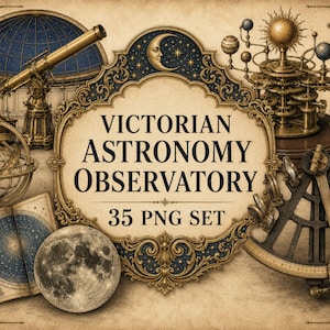 Puede incluir: Una colección digital de gráficos de observatorio de astronomía victoriana que incluye un telescopio, un planetario, un sextante, una luna y un mapa estelar. El marco central ornamentado muestra el texto: VICTORIAN ASTRONOMY OBSERVATORY 35 PNG SET.