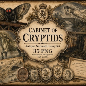 May include: A digital collection titled Cabinet of Cryptids Antique Natural History Kit 35 PNG featuring illustrations of a moth, a horse, a bridge, and a forest. The image includes a certificate of authenticity, wax seals, and ornate frames.