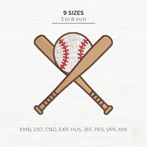 Op de afbeelding: Een borduurontwerp met twee gekruiste houten honkbalknuppels en een witte honkbal met rode stiksels. De tekst 9 SIZES 3 to 8 inch staat erboven en de bestandsformaten EMB, DST, CND, EXP, HUS, JEF, PES, VP3, XXX staan eronder vermeld.