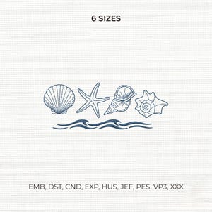 Snäckskalbroderidesign: Strand, snäckskal, sjöstjärna, hav, mönstersömmaskinfil DST PES EMB