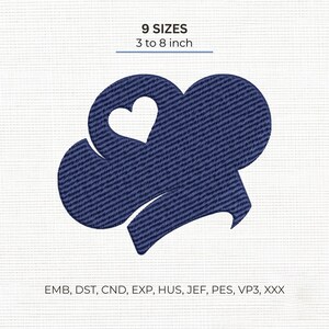 May include: A dark blue embroidered chef hat design featuring a small heart cutout. The text 9 SIZES 3 to 8 inch appears above the design, and the text EMB, DST, CND, EXP, HUS, JEF, PES, VP3, XXX appears below the design on a white background.
