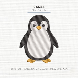 Könnte beinhalten: Ein Stickmuster eines Pinguins mit schwarzem, weißem und gelbem Garn. Der Text darüber lautet 9 SIZES 3 to 8 inch, und der Text darunter listet Dateiformate wie EMB, DST, CND, EXP, HUS, JEF, PES, VP3 und XXX auf.