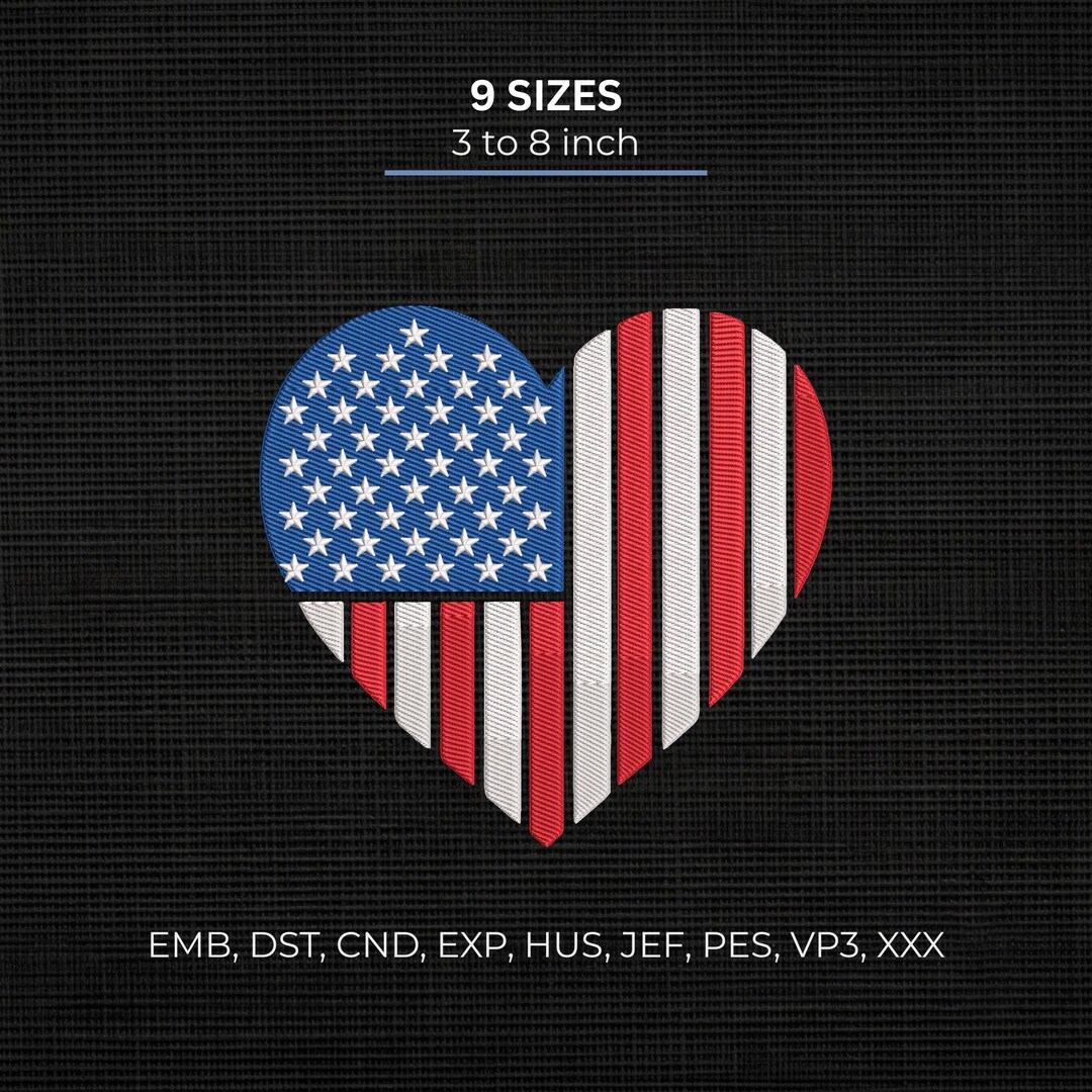 American Flag Heart Embroidery Design, USA Patriotic Machine Embroidery ...