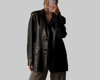 Vintage 1940s Oversized Black Genuine Leather Blazer | Handmade Retro Classic Street Style Jacket