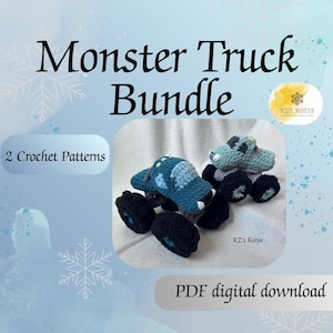 May include: Image of a Monster Truck Bundle with two crochet patterns. The image features two crocheted monster trucks in blue and green, with black wheels. Text includes "Monster Truck Bundle", "2 Crochet Patterns", and "PDF digital download".