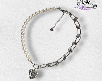 Edição Limitada • Gargantilha Romântica: colar gargantilha com coração em pérola sintética, joia em corrente de aço inoxidável