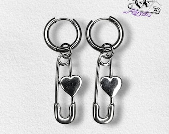 Brincos de argola com coração partido: argolas de aço inoxidável com alfinete de segurança em liga de zinco e pingentes de coração.
