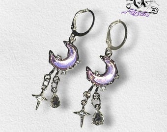 Brincos de argola Lua Roxa: pingentes iridescentes de lua crescente e estrela, brincos pendentes celestiais.