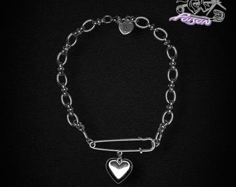 Colar Gargantilha Coração Partido: corrente de aço inoxidável com alfinete de segurança e pingente de coração