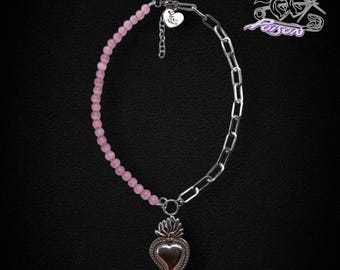 Edição Limitada • Colar Sagrado Coração: com contas rosa olho de gato e corrente de aço inoxidável