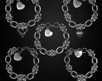 Pulseiras de malha metálica: pulseira gótica unissex robusta em aço inoxidável, com pingentes de coração (5 variações)