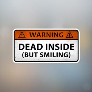 Puede incluir: Una pegatina rectangular con fondo blanco y texto negro que dice "WARNING DEAD INSIDE (BUT SMILING)". La parte superior de la pegatina es naranja con la palabra "WARNING" en negro y un símbolo de advertencia a cada lado.