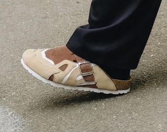 Beige Brown Leather Clogs Men Women, Handmade Moroccan Mules, Suede Slip On Shoes, Comfortable Cork Sandals, Unisex Casual Footwear