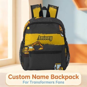 Custom Cartoon Digger Toddler Backpack, Personalized Black Dot Excavator Bookbag, Construction Theme Boys School Bag Gift